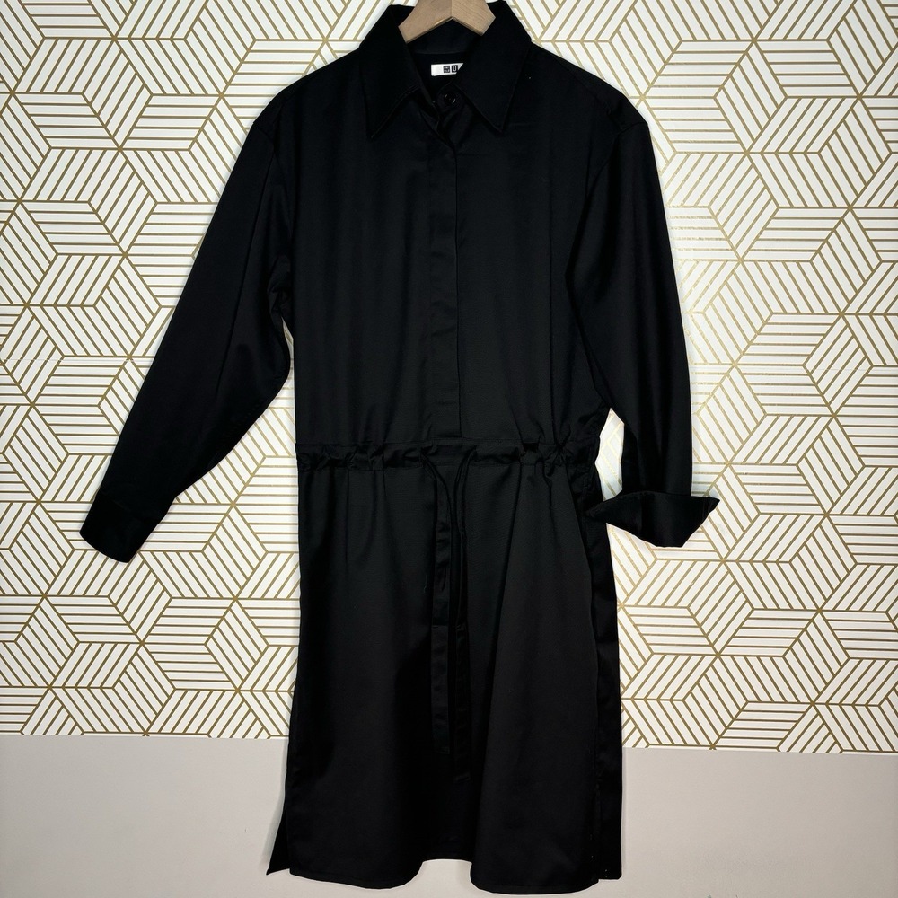 Uniqlo Black Drawstring Collared Long Sleeve Maxi Shirt Dress Small Capsule